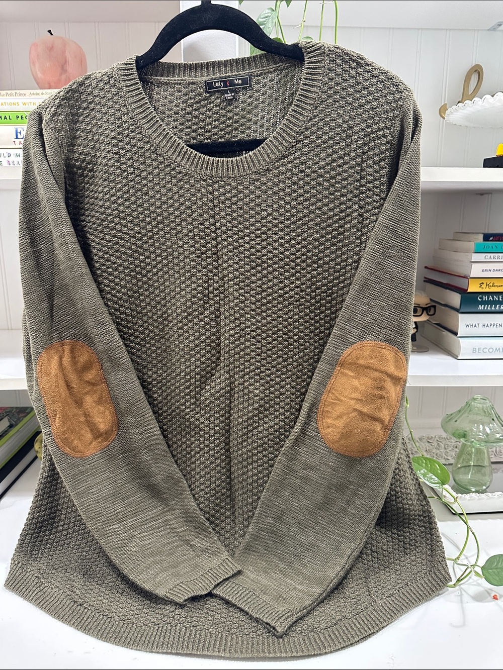 Lefty & Me Olive Crewneck Sweater with Tan Elbow Patches